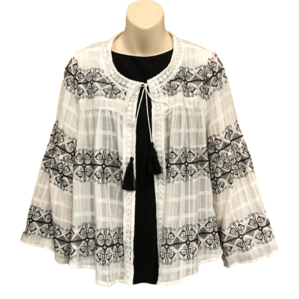 𝅺NANETTE Lepore embroidered bell sleeve topper drapey blouse Small